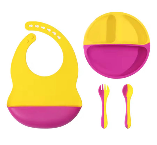 Set bicolor plato/babero/cucharita silicon Amy
