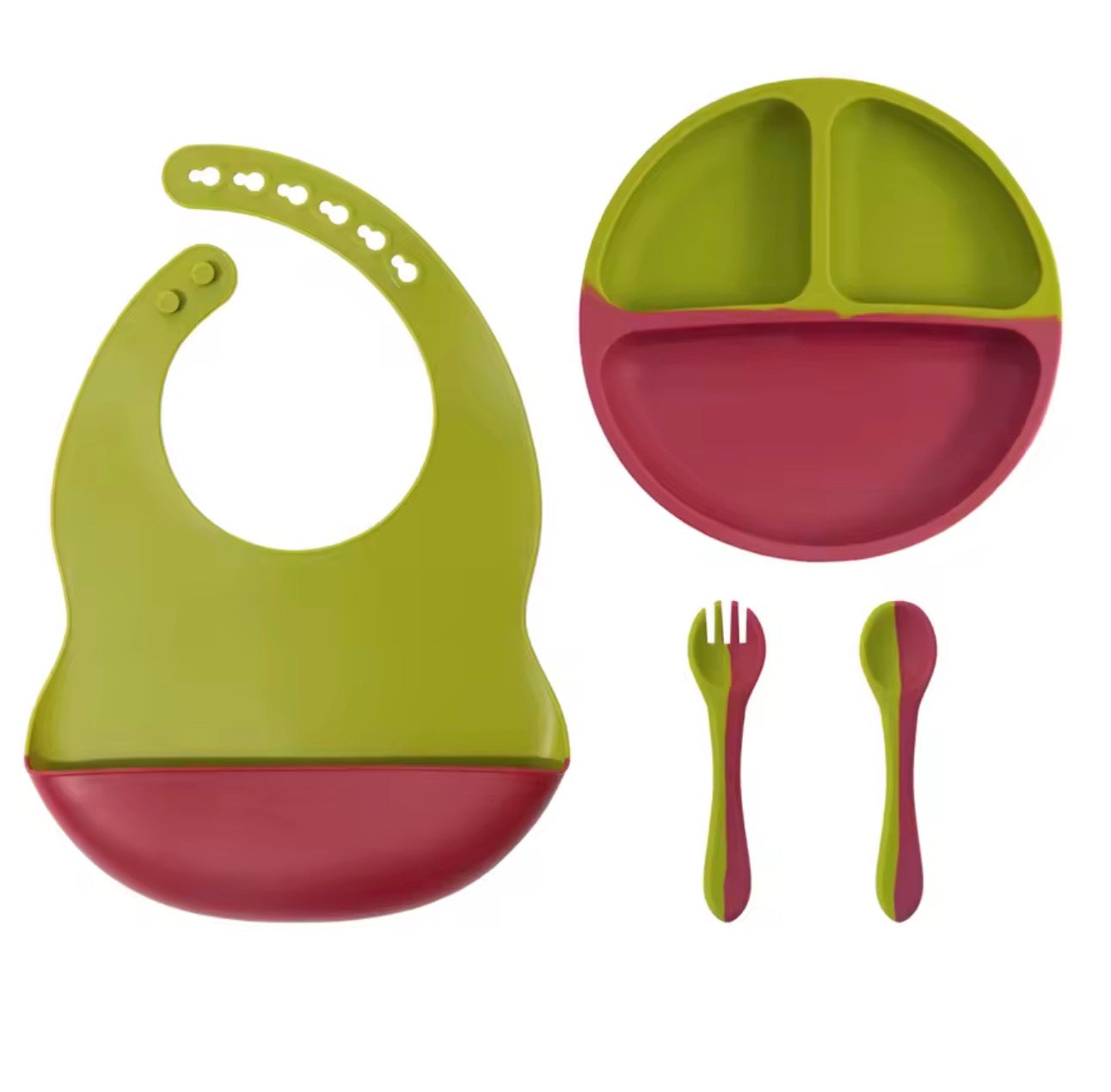 Set bicolor plato/babero/cucharita silicon Amy